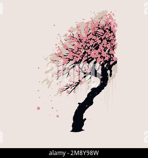 Flowering cherry angiosperm tree in spring closeup with khaki color background Stock Vector