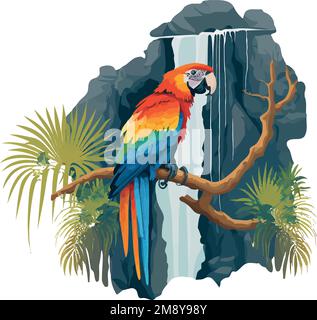 Vector illustration of macaw perched on a branch with a waterfall in the background Stock Vector