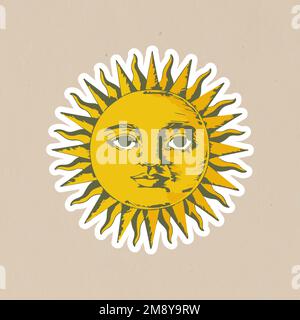 Vectorized sun with face sticker with a white border Stock Vector
