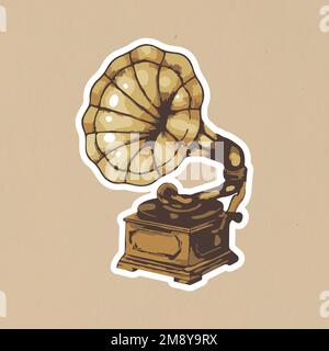 Vectorized vintage Gramophone sticker with a white border Stock Vector