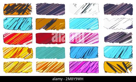 Set of colorful design elements with rectangular shapes with diagonal brush strokes in grunge style. Irregular shapes and rough edges. Vector clipart Stock Vector