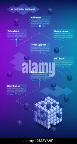 Isometric roadmap with many steps for blockchain or cryptocurrency project with big and small cubes on purple blue background. Vertical infographic ti Stock Vector