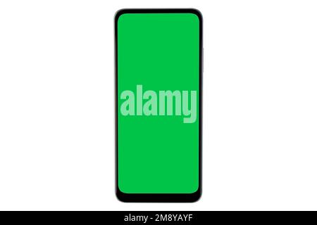 Smartphone with blank screen mock up. Smartphone  isolated green screen with chroma key. Green screen with copy space isolated on white background. Em Stock Photo