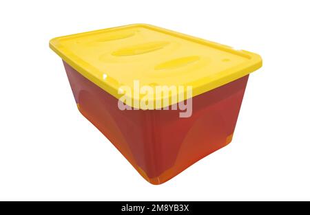 Yellow plastic storage box isolated on white background. Plastic box. storage container isolated. Stock Photo