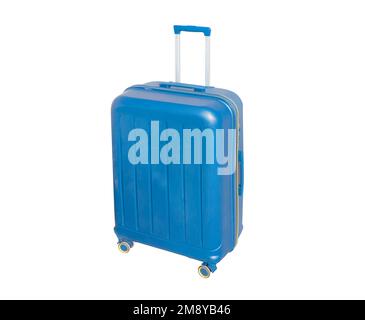Front view of blue suitcase with long telescopic handle isolated on white background. Suitcase isolated. Blue fashionable travel suitcase. Travel lugg Stock Photo