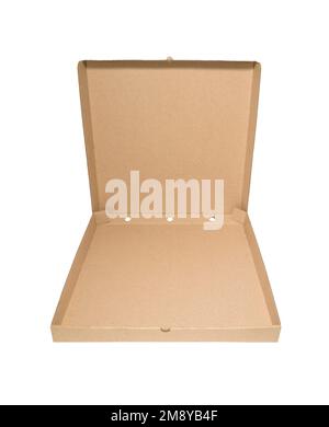 Blank brown open cardboard Pizza paper box isolated on white background. Packaging template mockup. Stock Photo