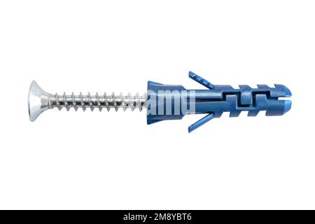 Macro shot blue plastic dowel and self-tapping screw isolated on white background. Dowels. Wall plugs isolated on a white background. Blue screw ancho Stock Photo