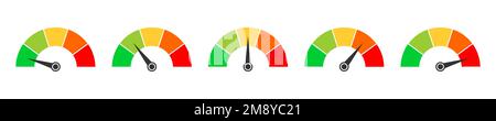 Set of gauge meters with arrows. Colorful indicator to measuring level, temperature, speed, pressure. Rating scale or progress chart template isolated on white background. Vector flat illustration Stock Vector