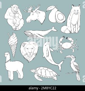 Vector wild life sticker black and white set Stock Vector