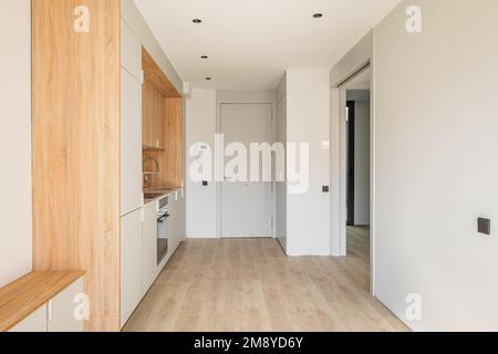 Simple small modular kitchen area along the wall in studio apartment next to front door. Furniture minimalism with lots of cabinets, an oven and an Stock Photo