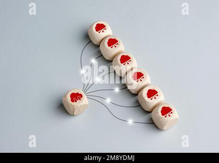 Virtual cloud computing technology or virtualization in cloud computing concept. Wooden cubes linked with transfer communication lines. Stock Photo