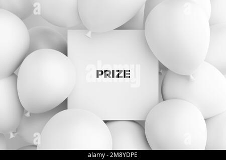 White sign or frame with the word prize surrounded with white balloons. Winning a prize, award achievement and trophy reward concept. 3D rendering. Stock Photo