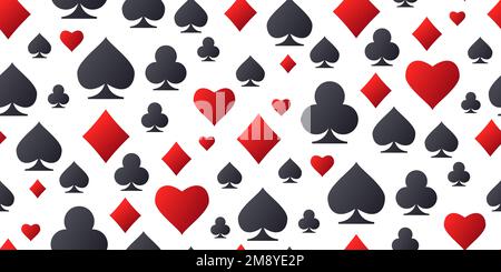 Playing card suit symbols icons. Seamless pattern with falling red, black suits for playing cards on white background. Vector illustration for casino, Stock Vector