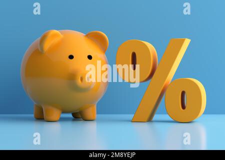 Savings percent, investment ratio or money accumulation. Piggy bank and a percentage sign on blue background. 3D rendering. Stock Photo