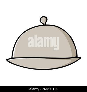 Doodle hand-drawn plate with lid illustration. Color Food Cover Cloche Plate Platter with Domed Cover Serving Dish isolated on white background. Cozy Stock Vector