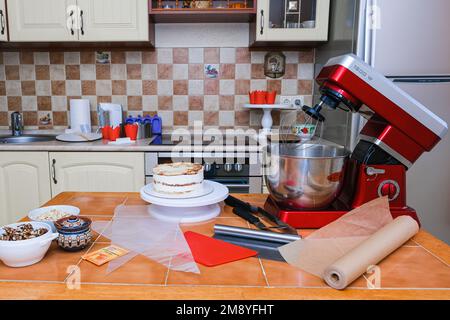 desktop and pastry chef tools at home production Stock Photo