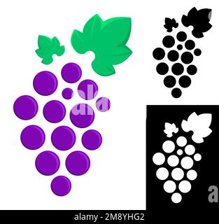 Symbol, emblem of juicy bunch of grapes with leaves. Brand name element for alcoholic and berry drinks. Simple black and white vector isolated on whit Stock Vector