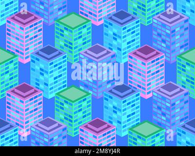 3d city seamless pattern. Isometric city buildings. Angled view of the city with apartment buildings. Design for wallpaper, wrapping paper and promoti Stock Vector