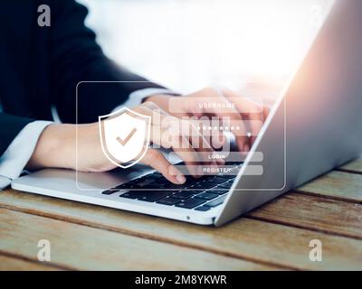 Cybersecurity system technology, login and password, confidential data security and secured internet access concepts. Shield icon and login page appea Stock Photo