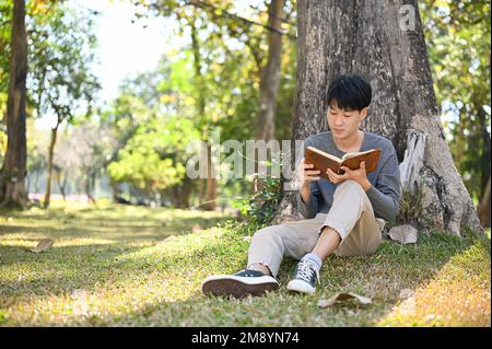 Handsome young Asian male college student focusing on reading a book under the tree in greenery park. Stock Photo