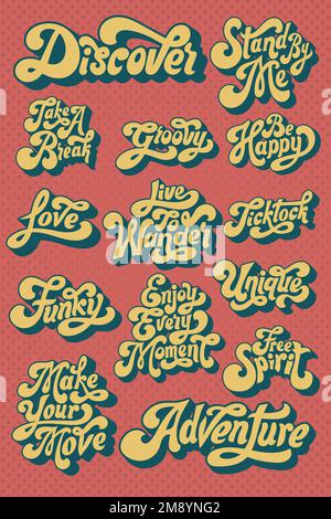 Yellow funky bold stylized font sticker set on a red background vector Stock Vector