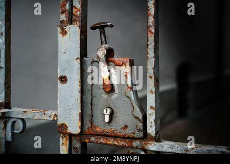 Nostalgic rusty door lock with a modern lock cylinder on a metal entrance grille, copy space in the dark background, selected focus Stock Photo