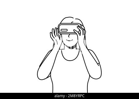 Smiling woman in VR glasses explore new horizons. Happy girl in virtual reality headset enjoy modern technology. Vector illustration.  Stock Vector