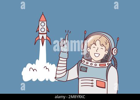 Man in astronaut clothes points finger up standing near spaceship taking off. Guy in spacesuit is member of space expedition to study decolonization of planets in galaxy. Flat vector design  Stock Vector