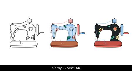 Sewing machines doodles set. Vector illustration of cute handdrawn vintage  tailoring machines. Outline, blue and black. Retro sewing elements. Stock Vector