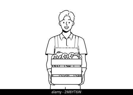 Smiling male farmer holding box of fresh tomatoes. Happy man gardener with baskets of vegetables from farm. Gardening and agriculture. Vector illustration.  Stock Vector