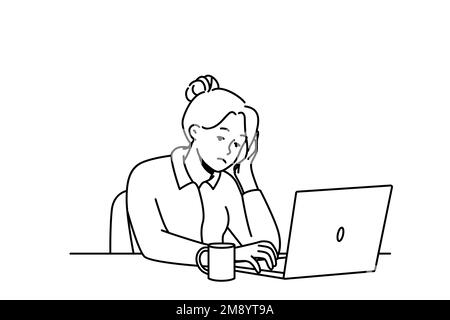 Exhausted female employee sit at office desk work on computer feel sleepy and overwhelmed. Tied woman worker feeling burnout at workplace. Fatigue. Vector illustration.  Stock Vector