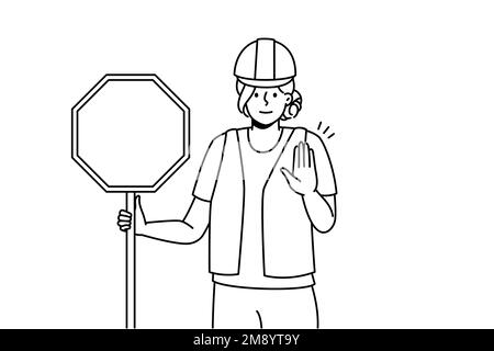 Young woman in uniform holding stop road sign in hands. Female worker in helmet stand on road show stop hand gesture. Vector illustration.  Stock Vector