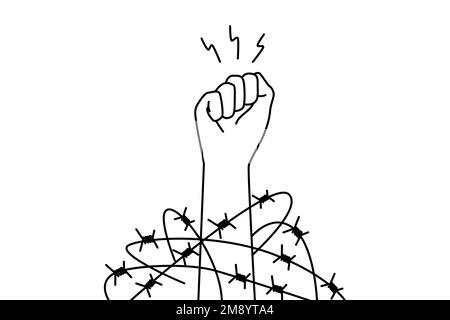 Close-up of hand in fist in wires thrive for independence and freedom. Raised hand with clenched fist fight for human rights. Vector illustration.  Stock Vector