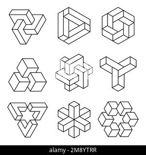 Impossible shapes set line icon. Optical illusion geometry group. Visual perception trick. Penrose geometric objects. Esher impossible figures outline Stock Vector