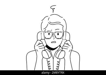 Confused man with landline phones headsets feel frustrated talking. Distressed guy in glasses shocked speaking on corded telephone. Vector illustration.  Stock Vector