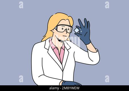 Young woman in white uniform look at chemical element make experiment. Smiling female researcher or scientist in glasses analyze object. Vector illustration.  Stock Vector