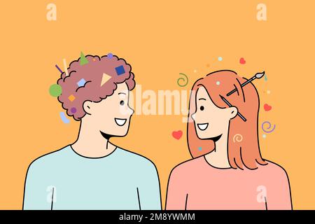 Diverse people with different mindsets exchange ideas. Smiling man and woman with logical and creative thinking cooperate. Vector illustration.  Stock Vector