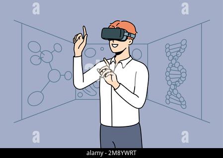 Smiling young man in VR glasses explore chemical elements. Happy male researcher or scientists in virtual reality headset discover chemistry. Vector illustration.  Stock Vector