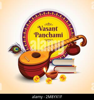 Happy Vasant Panchami Festival background. Vector illustration of sitar/veena. Stock Vector