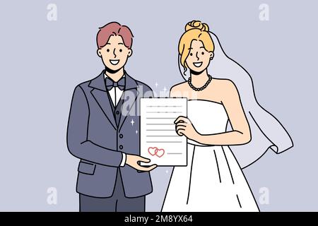 Smiling bride and groom holding marriage certificate excited about starting family. Happy couple in bridal dress and suit on wedding day. Vector illustration.  Stock Vector