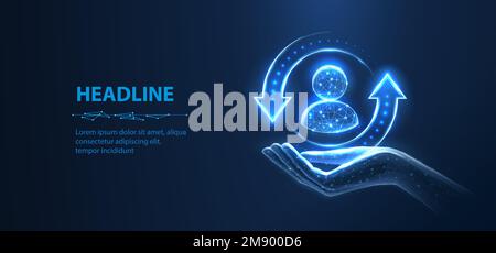 Customer support. Client icon on hand isolated on blue. All inclusive customer care, client servise, employee retention, human resourse Stock Vector