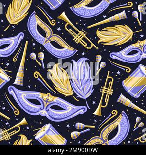 Vector Carnival seamless pattern, square repeat background with purple decorative carnival feathers, golden musical instruments and isolated illustrat Stock Vector