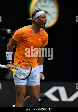 Melbourne, Australia. 16th Jan, 2023. Rafael Nadal of Spain reacts during the men's singles 1st round match against Jack Draper of Britain at Australian Open tennis tournament in Melbourne, Australia, on Jan. 16, 2023. Credit: Guo Lei/Xinhua/Alamy Live News Stock Photo