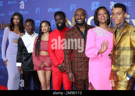 LOS ANGELES - JAN 15:  Courtney Coco Jones, Olly Sholotan, Akira Jolie Akbar, Jimmy Akingbola, Adrian Holmes, Cassandra Freeman, Jabari Banks at NBCUniversal Press Tour Red Carpet at the Langham Pasadena Hotel  on January 15, 2023 in Pasadena, CA Stock Photo