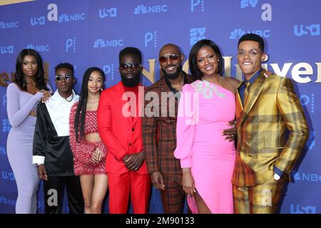 LOS ANGELES - JAN 15:  Courtney Coco Jones, Olly Sholotan, Akira Jolie Akbar, Jimmy Akingbola, Adrian Holmes, Cassandra Freeman, Jabari Banks at NBCUniversal Press Tour Red Carpet at the Langham Pasadena Hotel  on January 15, 2023 in Pasadena, CA Stock Photo