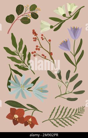 Winter botanicals on a pink background vector Stock Vector