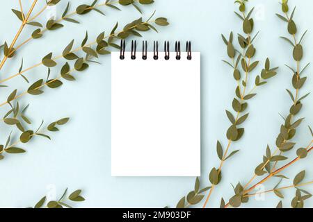 Eucalyptus branches and blank notepad mockup on a blue background. Stock Photo