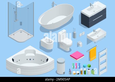 Isometric furniture elements, bathroom elements shower cabin, shower, bathtub, toilet bowl, bidet and heated towel rail Stock Vector