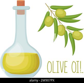 Bottle of olive oil and olive branch isolated on white background, vector illustration Stock Vector