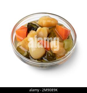 Glass bowl with Asian mixed pickled ginger and vegetables isolated on white backgroud close up Stock Photo